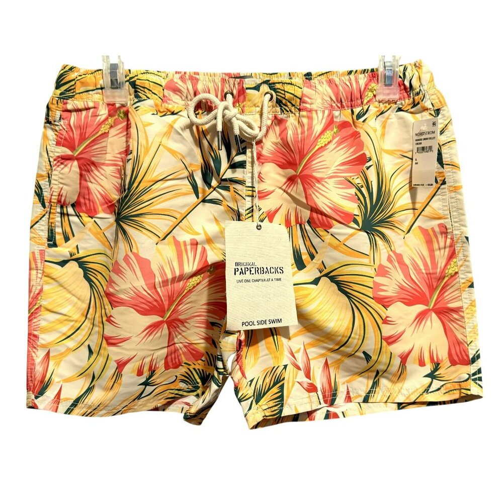 Mens Original Paperbacks Waikiki Swim Volley Trunks Tropical Floral Hawaiian L